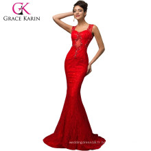 2015 nouveau design Grace Karin longueur longue longueur sans manches en dentelle dames robes de soirée rouge CL007585